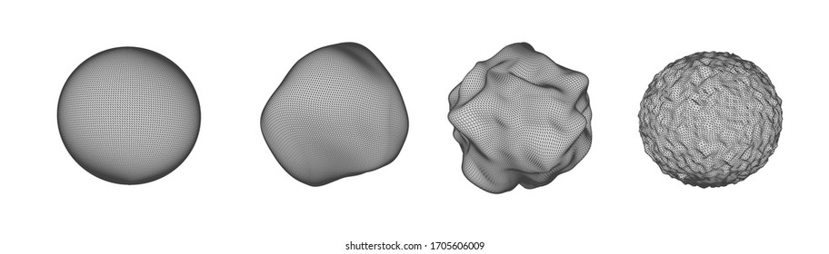 Set of polygon mesh sphere different form isolated on white color. Technology abstract art background. Collection of minimalistic geometric design sci-fi elements. Vector futuristic digital concept.