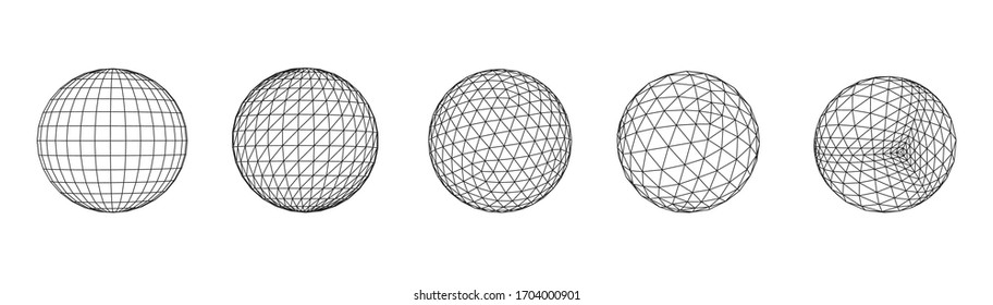 Set of polygon mesh sphere. Technology abstract art background. Collection of minimalistic geometric design sci-fi elements. Vector futuristic digital concept.