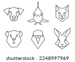 Set of polygon pet animals icons. Geometric heads of a dog, fish, cat, guinea pig, parakeet and rabbit. Linear style vector collection illustration. Veterinary healthcare.