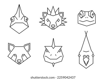 Set of polygon pet animals icons. Geometric heads of a chameleon, hedgehog, turtle, raccoon, iguana and cockatiel. Linear style vector collection illustration. Veterinary healthcare.