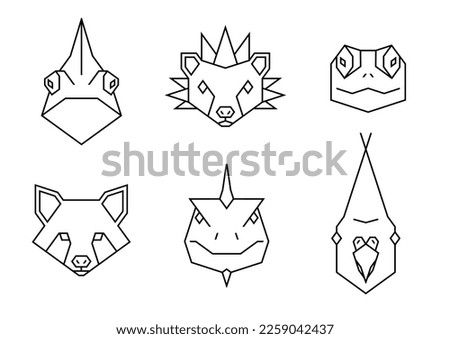 Set of polygon pet animals icons. Geometric heads of a chameleon, hedgehog, turtle, raccoon, iguana and cockatiel. Linear style vector collection illustration. Veterinary healthcare.