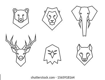 Set of polygon wild animals icons. Geometric heads of a bear, lion, elephant, deer, eagle and wolf. Linear style vector collection illustration.