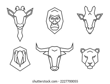 Set of polygon wild animals icons. Geometric heads of a goat, gorilla, giraffe, parrot, bull and lioness. Linear style vector collection illustration.