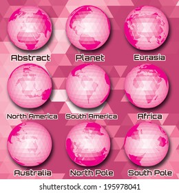set of polygonal abstract globes with different mainlands