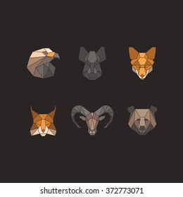 Set of polygonal animal portraits. Abstract low poly design. Vector illustration for logotypes