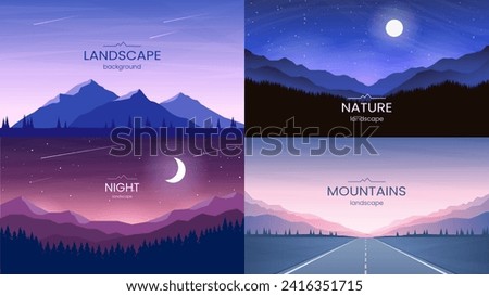 Set of polygonal banners. Mountain scenery, night scene, moon and stars, highway road to the mountains. Hiking, tourism. Vector illustration for web background, wallpaper, flyer.