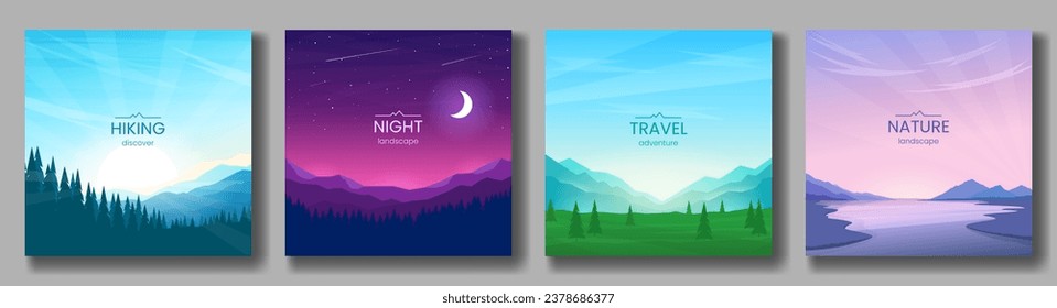 A set of polygonal banners. Night scene, mountains, forest and valley, sunset on the lake. Design for poster, background, greeting card, cover. Vector illustration.