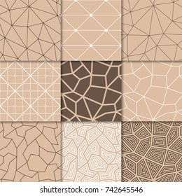 Set of polygonal brown and beige seamless backgrounds. Geometric line patterns for wallpapers and textile