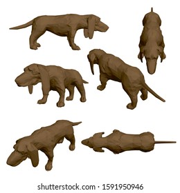 Set with polygonal brown dog with hanging ears. 3D. Vector illustration