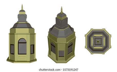 Set with polygonal building with a dome. Front view, isometric and top view. 3D. Vector illustration