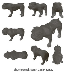 Set with polygonal bulldog with different view. Black bulldog isolated on a white background. 3D. Vector illustration