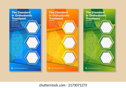 Set of polygonal Business Roll Up Banner flat design template for the standard orthodontic treatment. Blue, green and orange colors background and elements. space for photo and text.