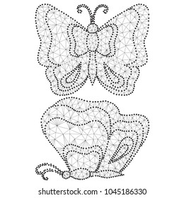 Set of polygonal butterflies, isolated on white background. 2 Butterfly in polygon low poly design with triangles, dot, lines. Abstract  illustration. Side view. Business wireframe concept.