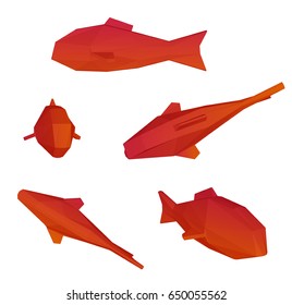 Set of polygonal cartoon red koi fish in realistic trendy craft style. Paper cut modern origami design. Animal for greeting card, banner, background. Vector illustration.