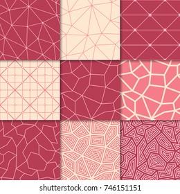 Set of polygonal cherry pink seamless backgrounds. Geometric line patterns for wallpapers and textile