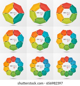 Set of polygonal circle chart infographic templates with 4-12 parts, options, steps for presentations, advertising, layouts, annual reports. Vector illustration.