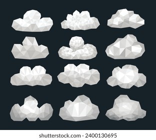 Set of Polygonal Cloud Collection, Abstract stylized geometric low poly cloud, Sky white floating, Geometric polygonal style. 3d low poly. Vector Illustration