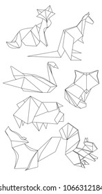 Set of polygonal contour animals. Black and white vector elements for your design