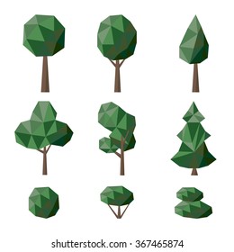 Set polygonal deciduous and coniferous trees and bushes - vector