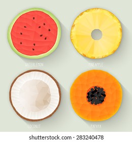 Set of polygonal fruit halves. Slices of watermelon, pineapple, coconut, papaya. Vecter 