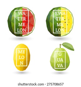 Set of polygonal fruit - red and yellow watermelon, melon, guava with design inscription. Vector illustration