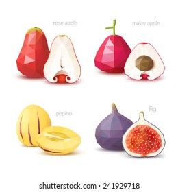 Set of polygonal fruit - rose apple, malay apple, pepino, fig. Vector illustration