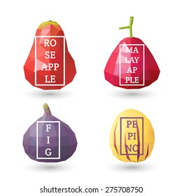 Set of polygonal fruit - rose and malay apple, pepino, fig with design inscription. Vector illustration