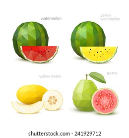 Set of polygonal fruit - watermelon, yellow watermelon, melon, guava. Vector illustration