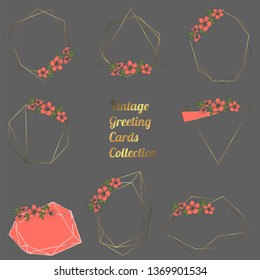Set of Polygonal garlands with pink cherry flowers decoration, vintage geometric frame. isolated on gray background. Stock vector illustration.