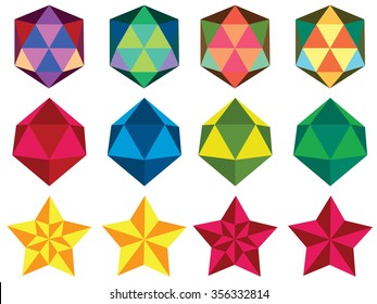 Set of polygonal geometric figures, colorful design elements.