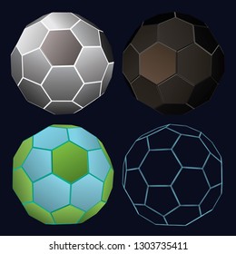 Set with polygonal geometric shapes in the form of a soccer ball. polygonal balls of different colors. 3D Vector illustration.