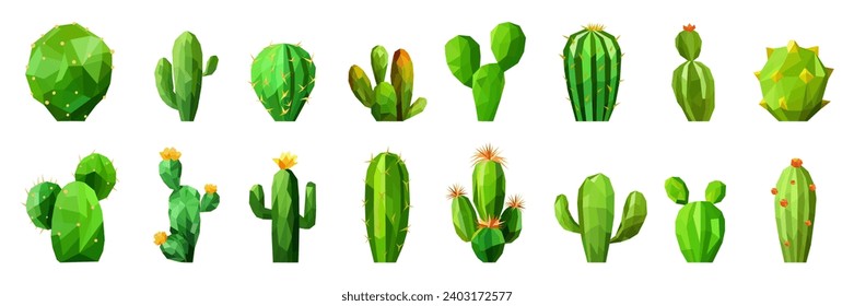 Set of a polygonal green cactus on white background, minimalist low poly art style collection, vibrant and modern.