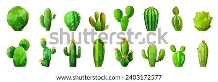 Set of a polygonal green cactus on white background, minimalist low poly art style collection, vibrant and modern.