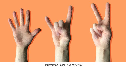 Set of polygonal hand gesture isolated on orange background