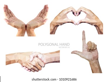 Set of polygonal hands gesture isolated on white background.vector