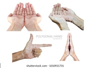 Set of polygonal hands gesture isolated on white background.vector