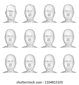 Set with a polygonal head of a girl. Rethopology of the girl head 3D. 12 stages of detailing and the girl head. Vector illustration of an animation sequence.
