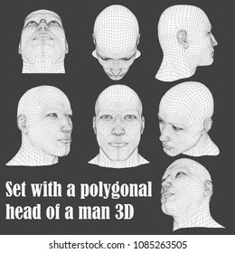 Set With A Polygonal Head Of A Man 3D. The Head Of A Man From Different Angles. Vector Illustration.