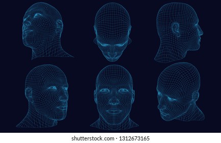 Set with polygonal head of a man on a dark background. Wireframe of the head of a man from the blue lines. 3D. Detailed wireframe of the human head. Vector illustration.