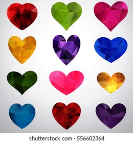 Set of polygonal hearts. Bright isolated object