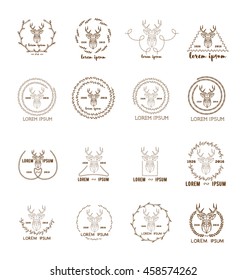 Set of polygonal hipster logo with silhouette of polygonal deer and twigs around. Hand drawn brush. Vector illustration. Reindeer logotype for hunting club or touristic camp.