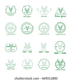 Set of polygonal hipster logo with silhouette of polygonal deer and twigs around. Hand drawn brush. Vector illustration. Reindeer logotype for hunting club or touristic camp.