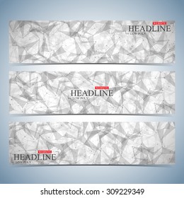 Set of polygonal horizontal backgrounds. Modern page website design template. Low poly, molecule and communication with connected dots and lines. Vector Illustration