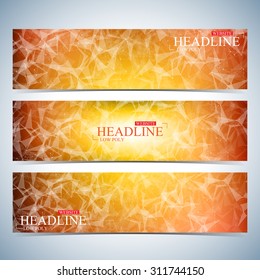 Set of polygonal horizontal backgrounds. Modern page website design template. Molecule and communication with connected dots and lines. Vector Illustration