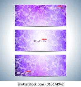 Set of polygonal horizontal backgrounds. Molecule and communication with connected dots, lines. Vector Illustration.