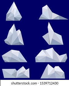 Set of polygonal icebergs on blue background. Floating icebergs on the water. Low poly design. Objects for icons, wallpaper, logo.
