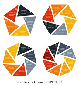 Set of polygonal infographic diagrams. Circular connected charts with 5, 6, 7, 8 options. Progress steps for tutorial. Business concept sequence banners, process layouts. EPS10 vector.