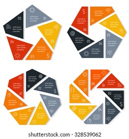 Set of polygonal infographic diagrams with triangle parts. Circular connected charts with 5, 6, 7, 8 options. Progress steps for tutorial. Business concept sequence banners, process layouts. EPS10.