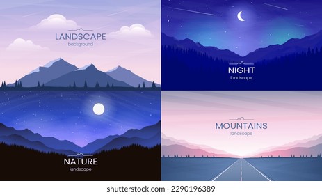 Un conjunto de ilustraciones de paisajes poligonales. Una colección de paisajes planos. Escena nocturna, autopista, terreno montañoso. Ilustración vectorial. Cartel, portada, diseño de fondo de pantalla con texto.