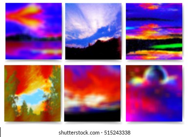 Set of polygonal landscapes with sky, trees, moon and clouds. Dramatic red and blue day and night sky with sunset and stylized landscapes of polygons